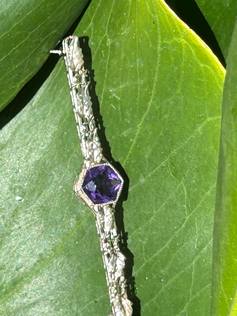 Antique Victorian 10k white gold leaves with amethyst purple stone bar brooch